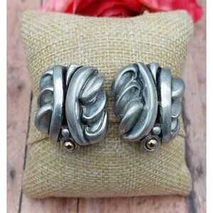 Vintage Earrings Clip On 80's Runway Sculptural Modernist Silver Tone Chunky